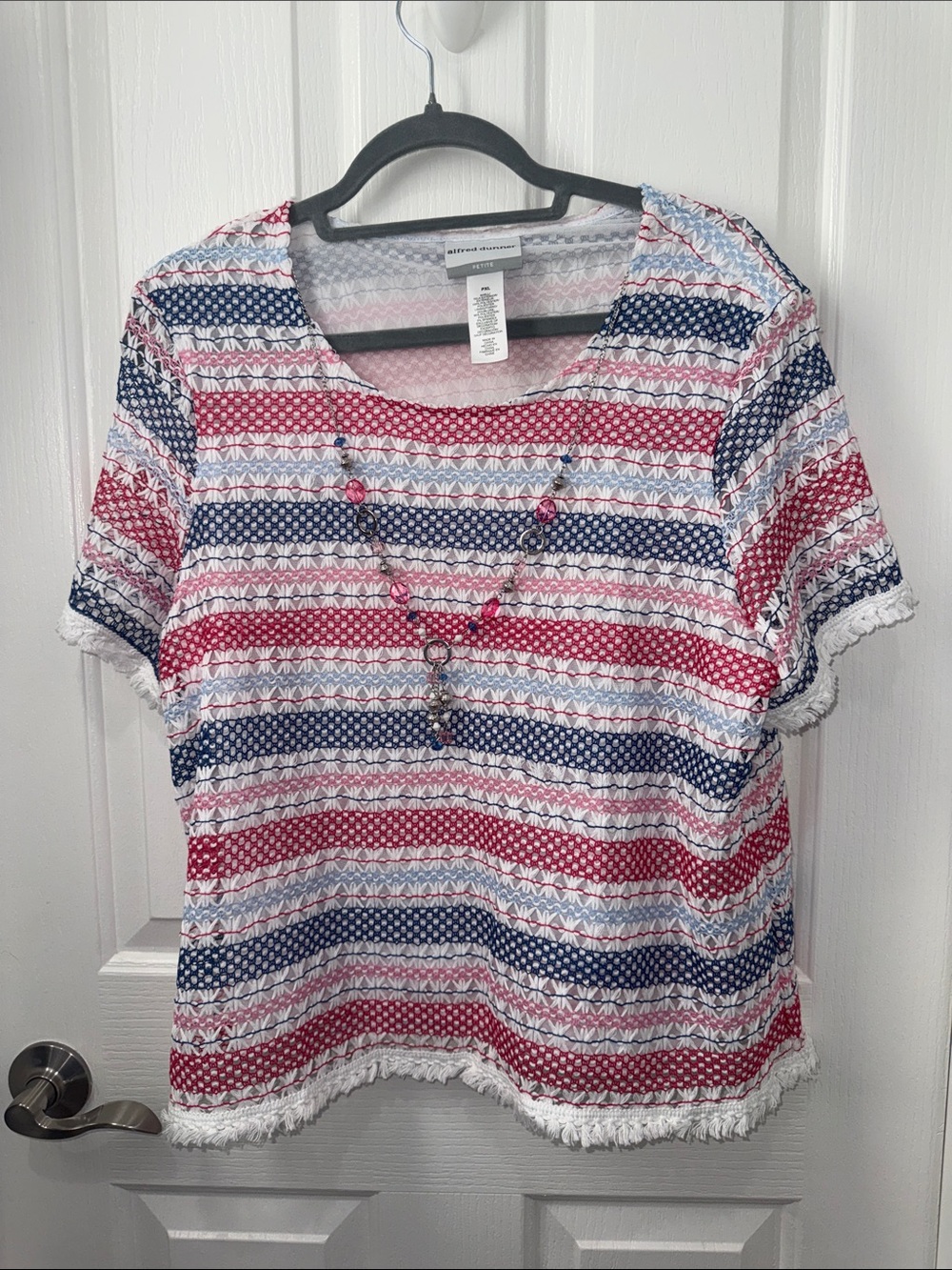 Alfred Dunner Petite Pink, White & Navy Striped Short Sleeve Top with Necklace